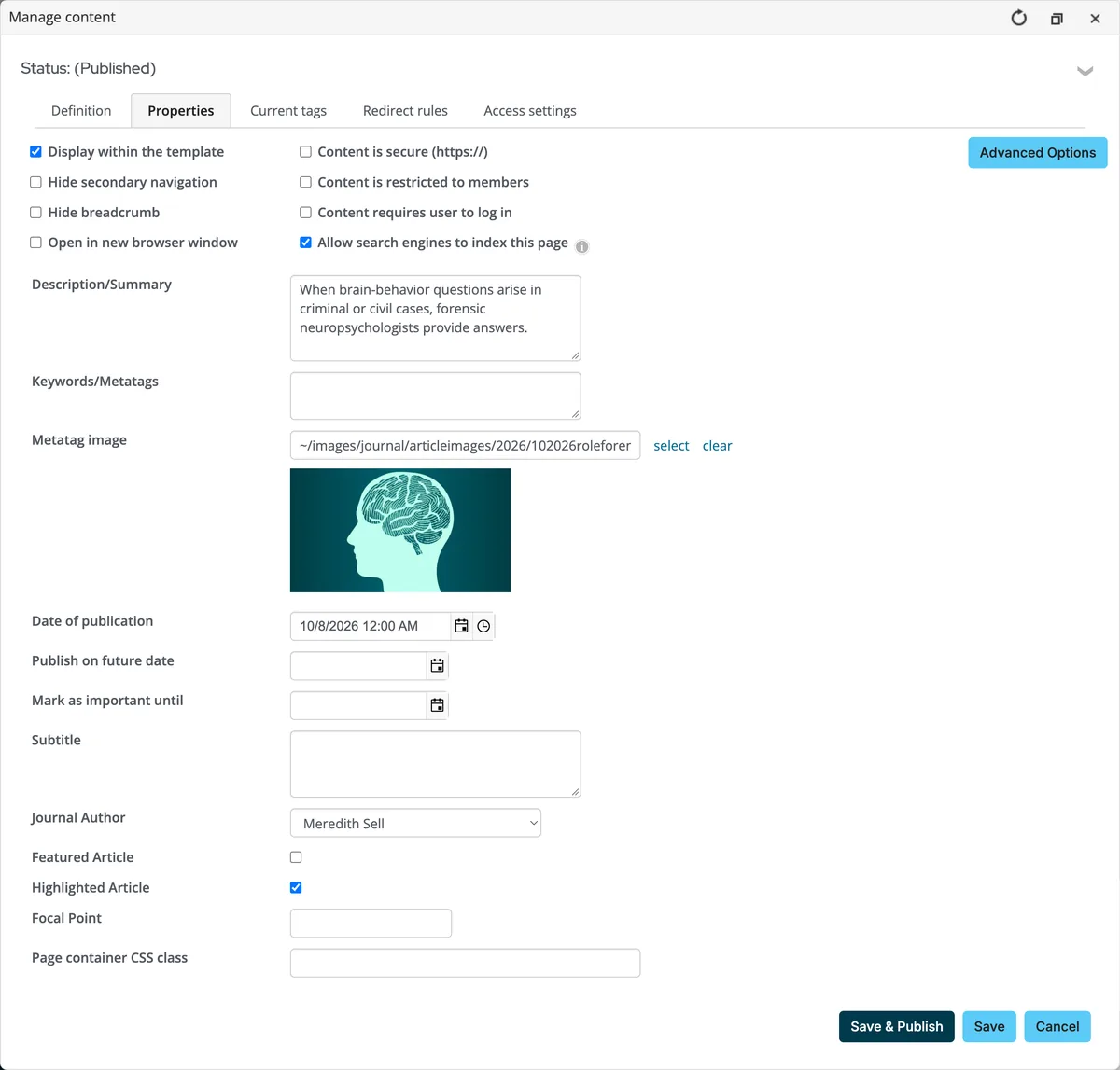 The iMIS RiSE Manage content dialog on the Properties tab, with access checkboxes, publication dates, journal author, featured and highlighted article, and focal point fields