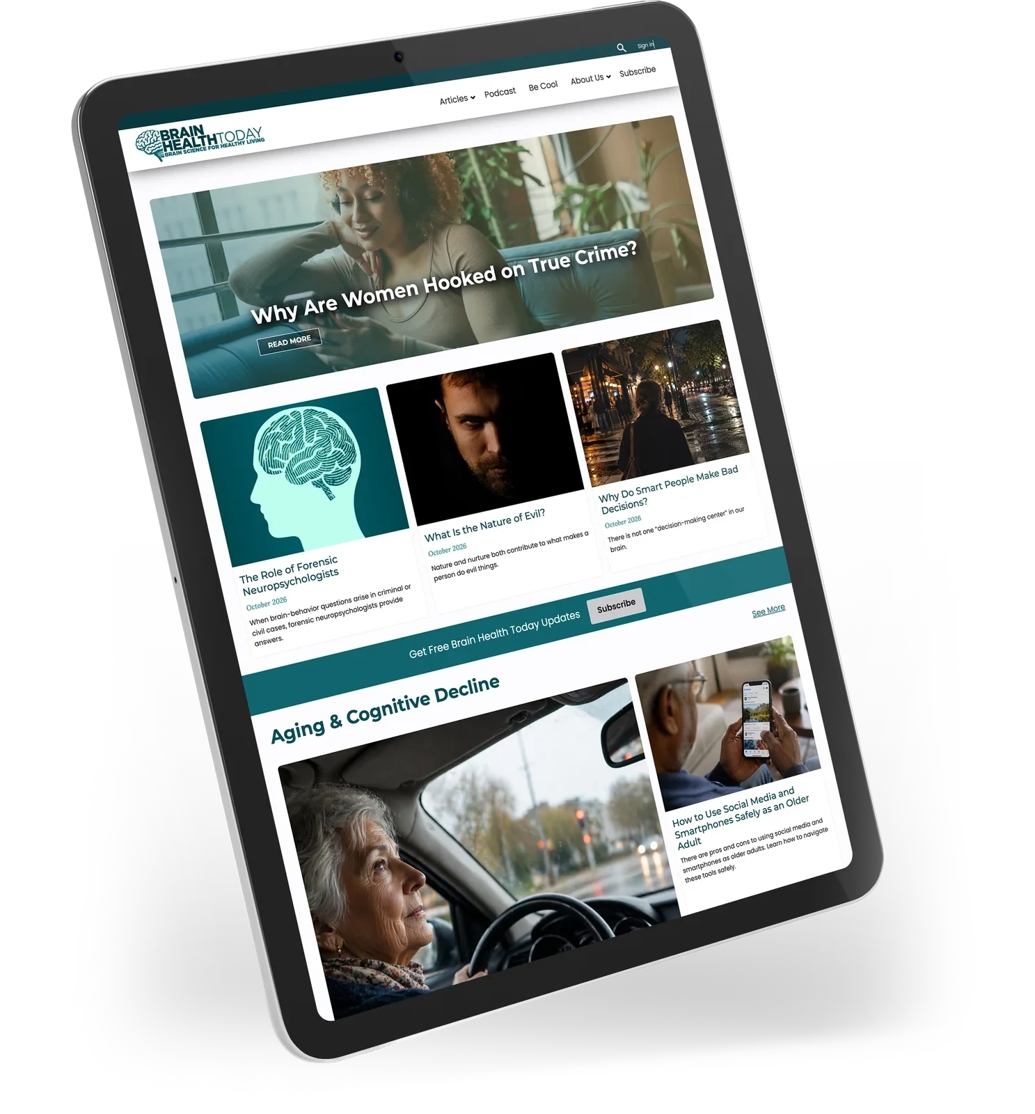 Brain Health Today, an online magazine built with Page Builder Editions, shown on a tablet